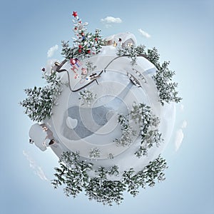 3d illustration of the Christmas planet with Christmas tree and Christmas presents near the frosty road.