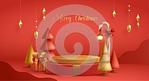 3D illustration of Christmas red and golden theme product display background with Christmas festive decoration and podium