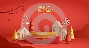 3D illustration of Christmas red and golden theme product display background with Christmas festive decoration and podium