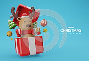 3d illustration Christmas with reindeer in a big red gift box