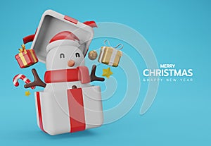 3d illustration Christmas with snow man in a big white gift box