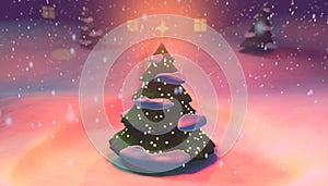 3D illustration of a Christmas Tree against the background of a snowy landscape and snowfall