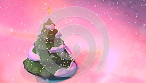 3D illustration of a Christmas Tree against the background of a snowy landscape and snowfall