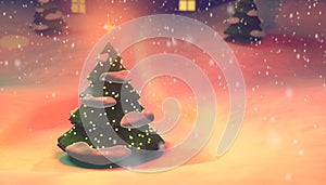 3D illustration of a Christmas Tree against the background of a snowy landscape and snowfall