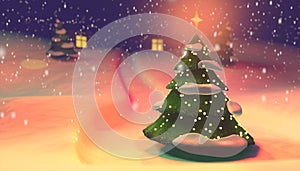 3D illustration of a Christmas Tree against the background of a snowy landscape and snowfall