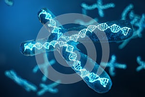 3D illustration X-Chromosomes with DNA carrying the genetic code. Genetics concept, medicine concept. Future, genetic