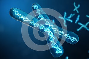 3D illustration X-Chromosomes with DNA carrying the genetic code. Genetics concept, medicine concept. Future, genetic