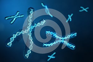 3D illustration X-Chromosomes with DNA carrying the genetic code. Genetics concept, medicine concept. Future, genetic