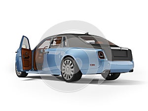 3d illustration of classic electric car open door rear view on white background with shadow