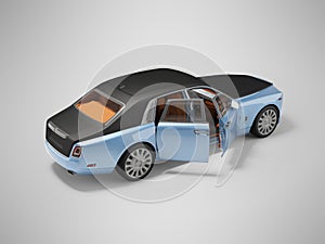 3d illustration of classic electric car with open doors isolated on gray background with shadow