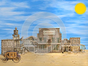 3D illustration of classic old deserted western town