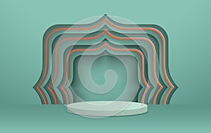 3D illustration of classic teal theme podium scene with geometic pattern for display products and cosmetic advertising
