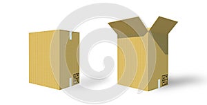 3D Illustration Close and Open or Unbox Light brown Cardboard box isolated on white background