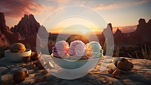 3D illustration close up of ice cream desserts. Generative ai