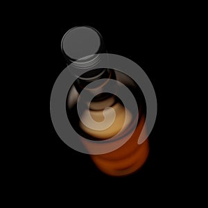3d illustration closeup of black metallic screw cap on top of tall whiskey bottle on black background