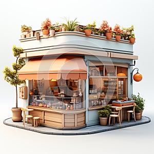 3d illustration of a coffee shop with tables and chairs on a white background.