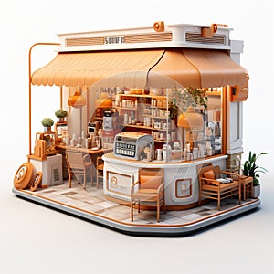 3d illustration of a coffee shop with tables and chairs on a white background.