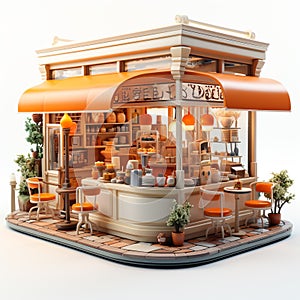 3d illustration of a coffee shop with tables and chairs on a white background.