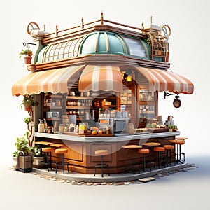 3d illustration of a coffee shop with tables and chairs on a white background.