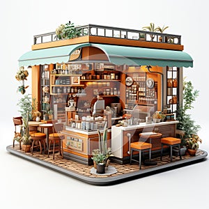 3d illustration of a coffee shop with tables and chairs on a white background.