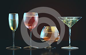 3d illustration of cognac, white wine, red wine, martini glasses in row on dark backgroun