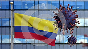 3D illustration Colombian flag on skyscraper city. Coronavirus Covid19 Virus