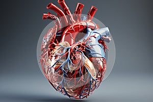 3D illustration of colorful human heart on white background. Human heart anatomy, atria and ventricles, valves, blood