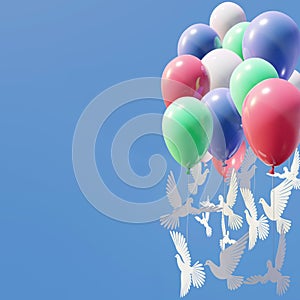 3D illustration of composition with balloons, doves and copy space