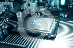 3D illustration computer chip, a processor on a printed circuit board. The concept of data transfer to the cloud