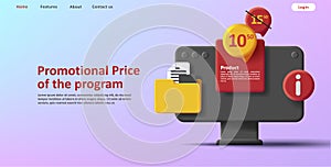 3d illustration of computer with folder icon with price sale bubble, subscription discount