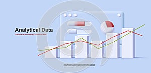 3d illustration with computer screen with graphics and charts and big bar chart in front