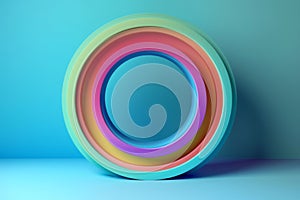 3d illustration of concentric rainbow-colored circles on a blue background