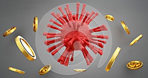 3D illustration. Concept, a coins and corona virus COVID-19. economic downturn crisis from COVID-19 corona virus.