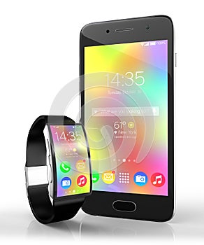 3d illustration. concept connectivity between mobile devices: smartphone and smart watches with a bright display isolated on white