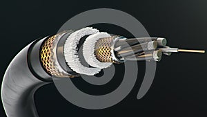 3d illustration, concept of fiber optic cable on a colored background. Future cable technology. Detailed curved cable in