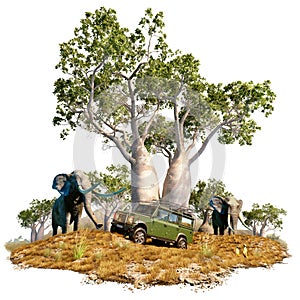 3D illustration of conceptual african safari logo with jeep and baobab tree