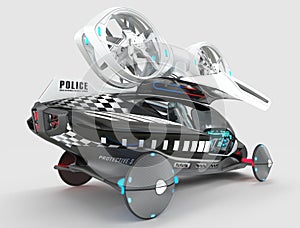 3D illustration of a conceptual flying multifunctional police quadcopter, designed for two passengers.