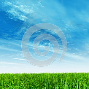 3D illustration of a conceptual green, fresh and natural grass field or lawn, blue sky background in spring or summer