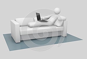 3d illustration. Conditional man in relaxed pose working with laptop at home on the couch