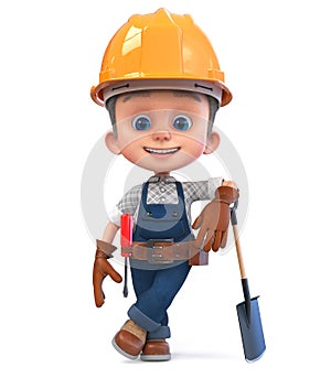 3D illustration of a construction worker in overalls with a shovel