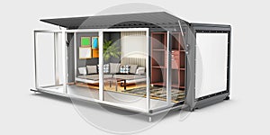 3d Illustration of Container House. Reuse Container for livingroom.