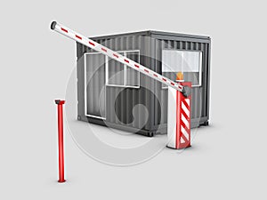 3d Illustration of Converted old shipping container into checkpoint, isolated white