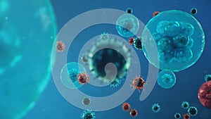 3D illustration Coronavirus concept under the microscope. Human cells, the virus infects cells. Epidemic, pandemic