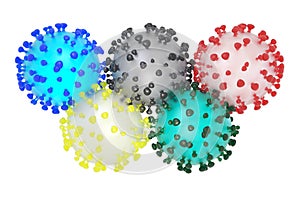 3D illustration of the coronavirus sars-cov-2 and the olympic rings