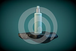 3d illustration of cosmetic container standing on black rock pedestal over dark teal background.