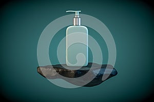 3d illustration of cosmetic container standing on black rock pedestal over dark teal background.