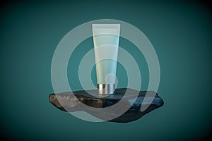 3d illustration of cosmetic container standing on black rock pedestal over dark teal background.