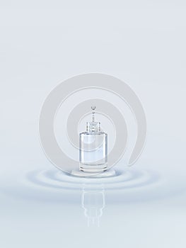 3D illustration of cosmetic glass bottle with droplet on white ripple background, work path or clipping path included
