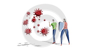 3d illustration COVID-19 coronaviru. Metaphor, a man and woman with a shield and a mask is protected from particles of