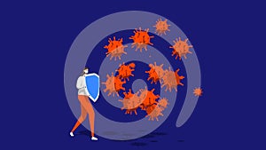 3d illustration COVID-19 coronaviru. Metaphor, a woman with a shield and a mask is protected from particles of the virus